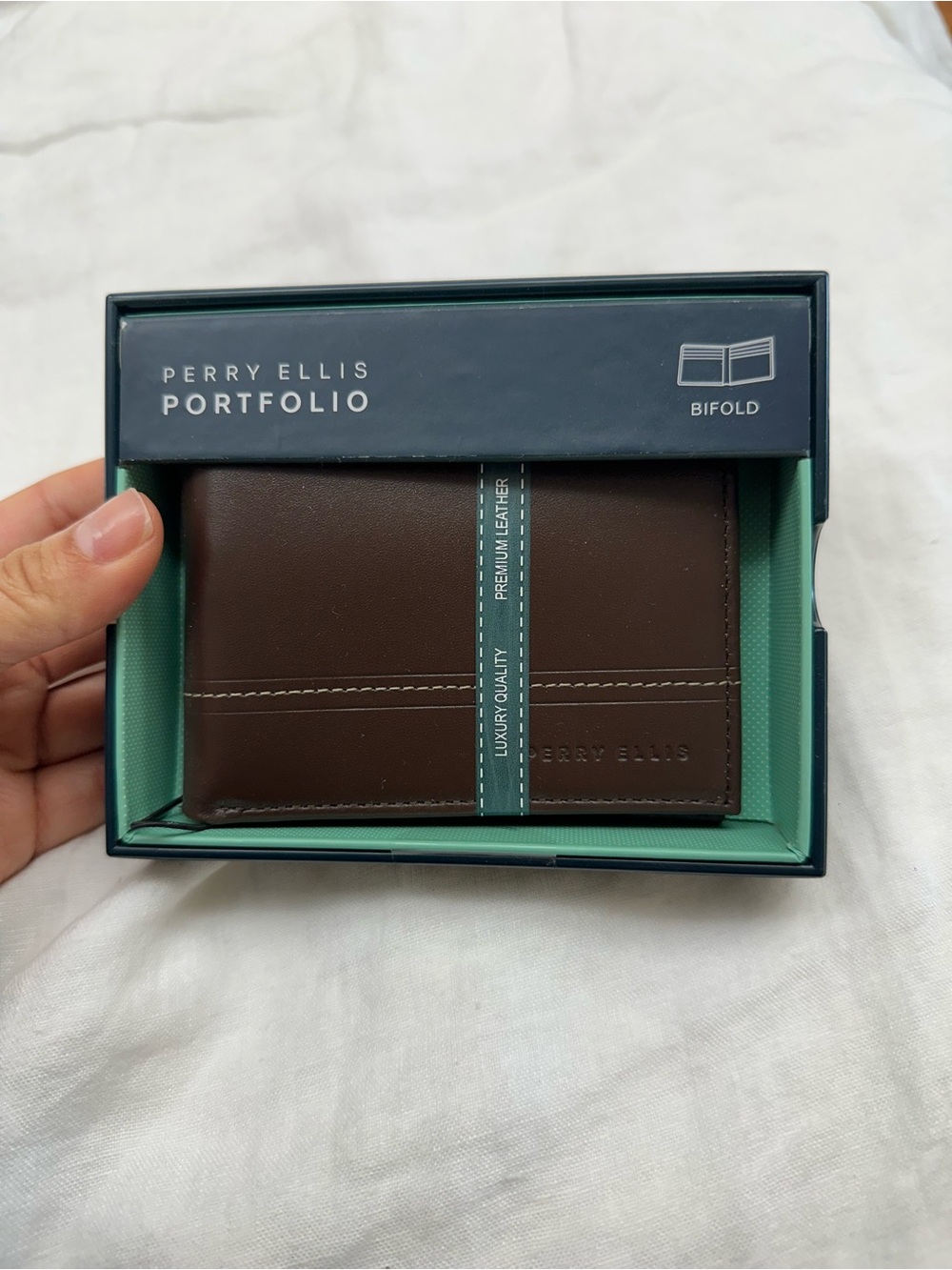Perry Ellis Brown Leather Bifold Wallet